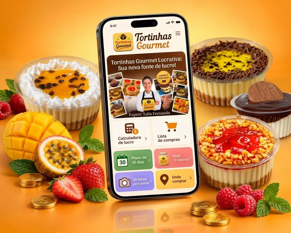 Aplicativo das Tortinhas Gourmet Lucrativas com as receitas e ferramentas