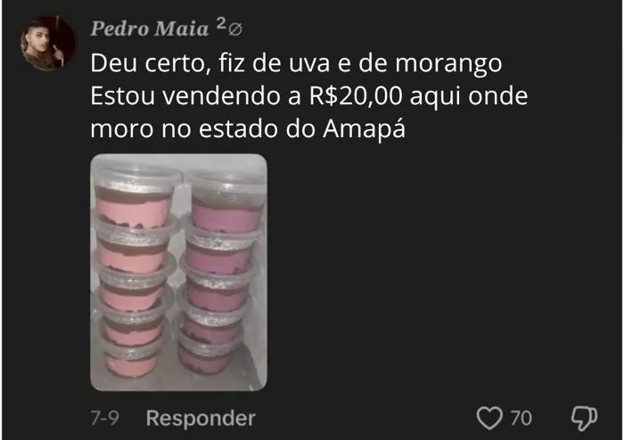 Comentário de cliente vendendo as tortinhas a R$20 no Amapá, com foto