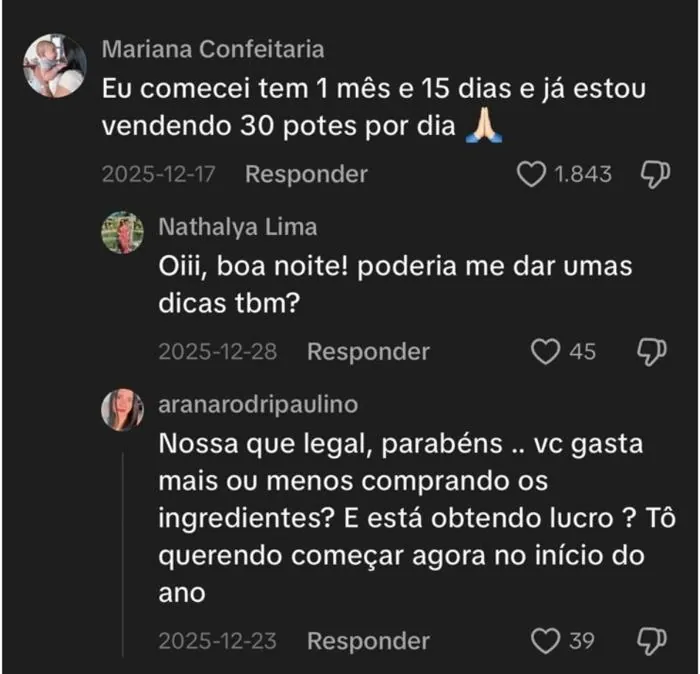 Comentário de TikTok: cliente conta que começou há 1 mês e 15 dias e vende 30 potes por dia