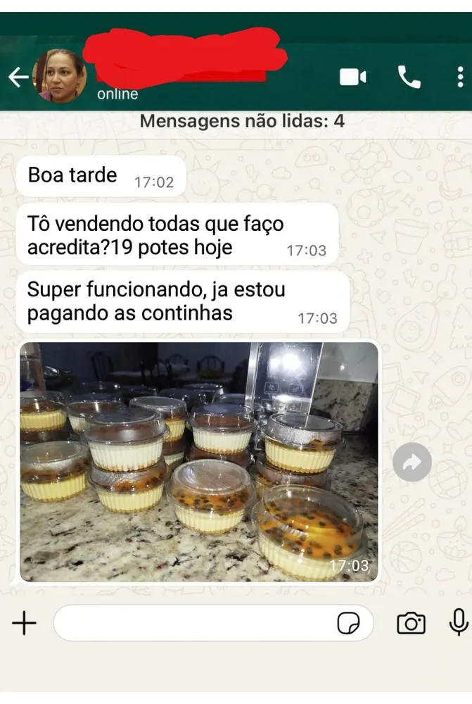 Conversa de WhatsApp: cliente conta que vendeu 19 potes no dia e já paga as contas