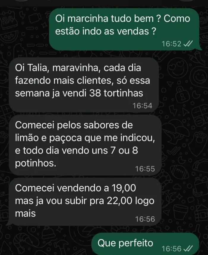 Conversa de WhatsApp: cliente conta que vendeu 38 tortinhas na semana