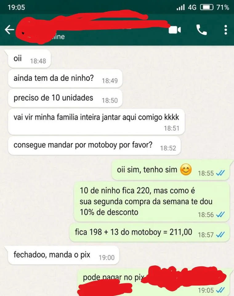 Conversa de WhatsApp: cliente pede 10 tortinhas de ninho para um jantar em família e fecha no Pix