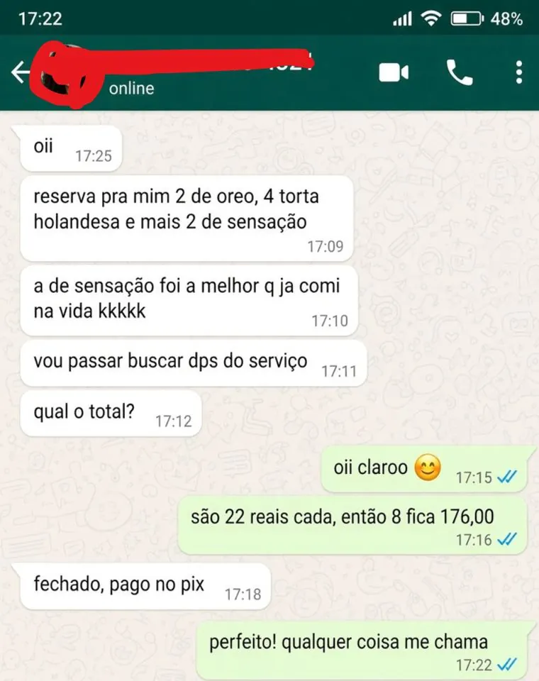 Conversa de WhatsApp: cliente reserva oreo, torta holandesa e sensação e diz que foi a melhor que já comeu